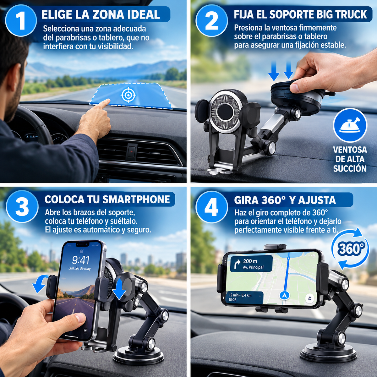 BIG TRUCK SOPORTE DE CELULAR 360° PARA AUTO ¡CÓMODO Y SEGURO!