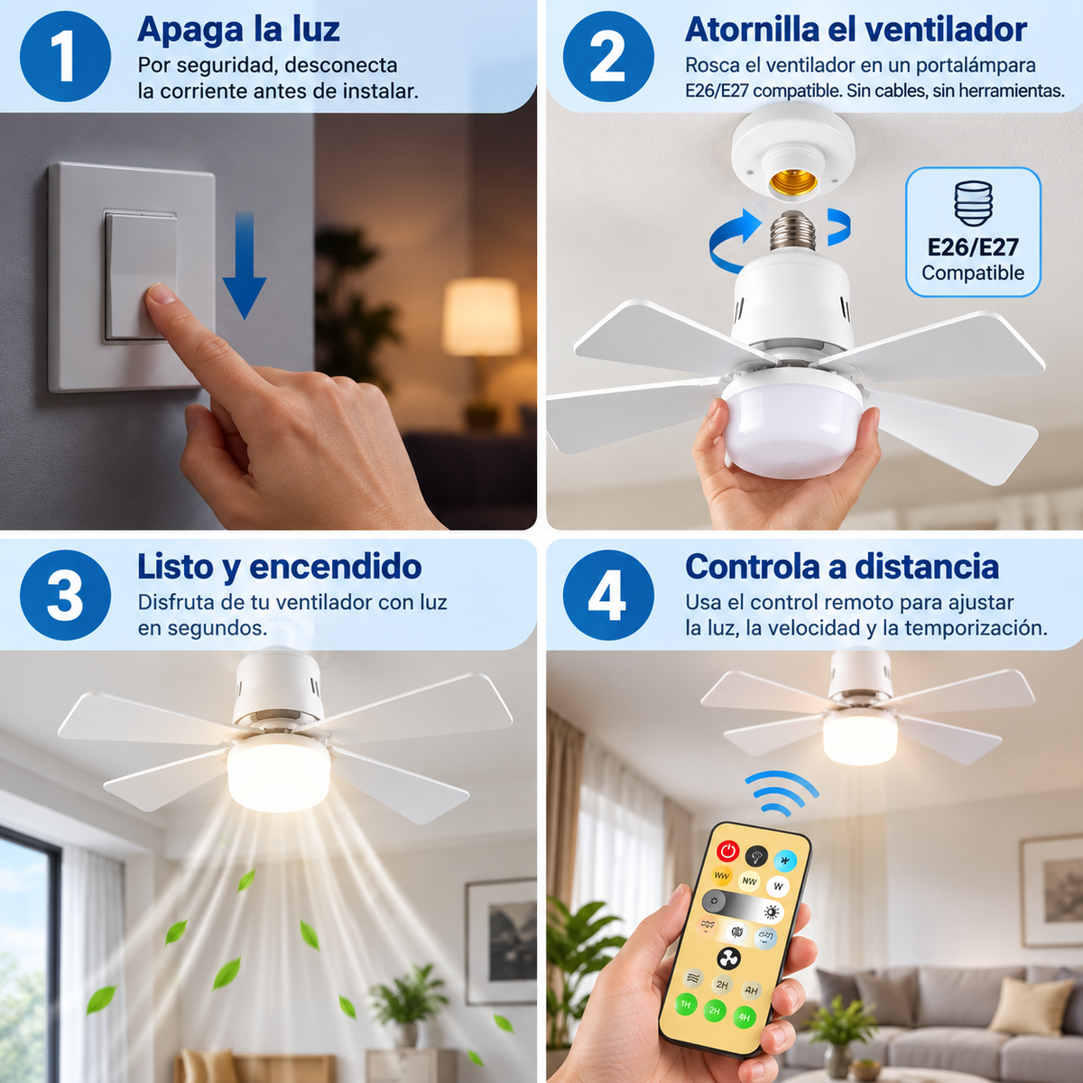 EASYFAN LIGHT® VENTILADOR DE TECHO + LUZ LED ¡VENTILADOR DE TECHO SIN COMPLICARTE!