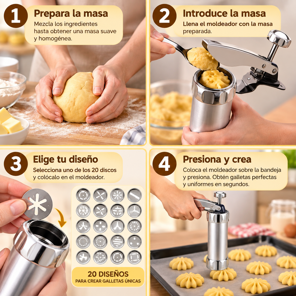 COOKIE PRESS 20®- MOLDEADOR METÁLICO DE GALLETAS ¡TUS GALLETAS CON ACABADO PROFESIONAL!