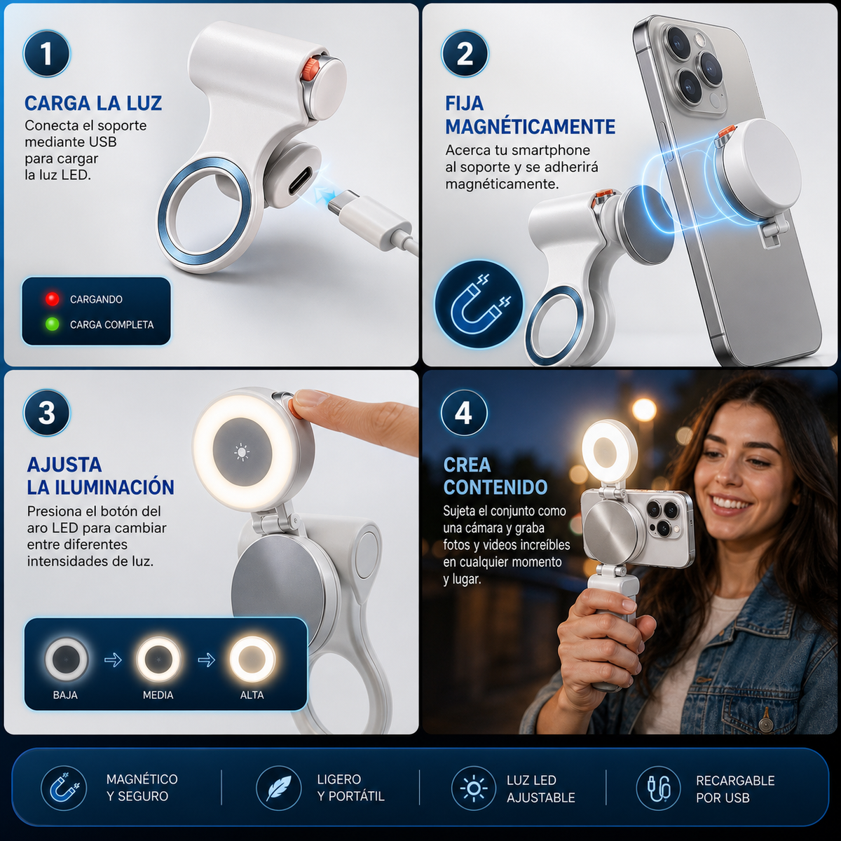 MAGSHOT LIGHT PRO® GRIP MAGNÉTICO CON LUZ LED ¡TRANSFORMA TU TELÉFONO EN UNA VERDADERA CÁMARA!
