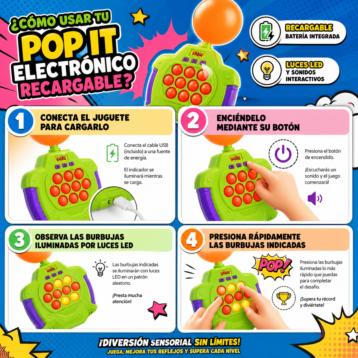 GLOW BALLOON POP® POP IT REVIENTA GLOBO CON LUCES Y SONIDOS ¡Tus hijos no pararán de reír!