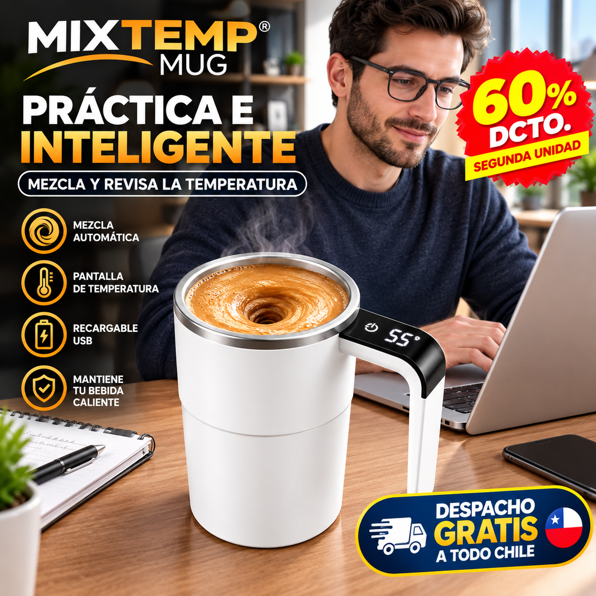 MIXTEMP MUG® TAZA MEZCLADORA INTELIGENTE CON VISOR DE TEMPERATURA.