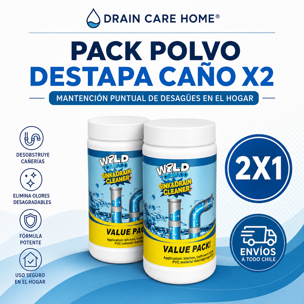DRAIN CARE HOME® PACK POLVO DESTAPA CAÑO X2 Formato doble para desagües en el hogar