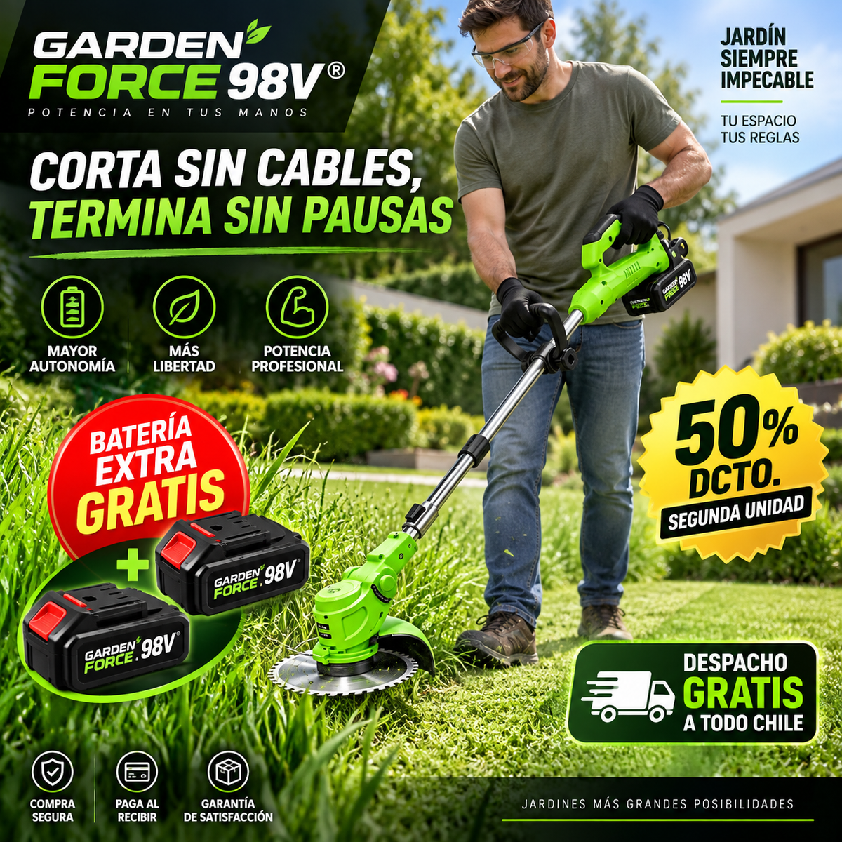 GARDEN FORCE 98V® CORTADORA DE PASTO INALÁMBRICA + 2 BATERÍAS - ¡CORTA CON LIBERTAD!