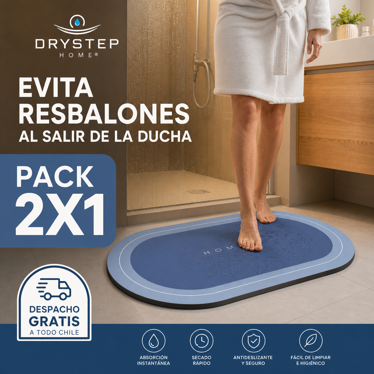 DRYSTEP HOME® ALFOMBRA ANTIDESLIZANTE DE SECADO RÁPIDO ¡PISA MÁS SEGURO AL SALIR DE LA DUCHA!