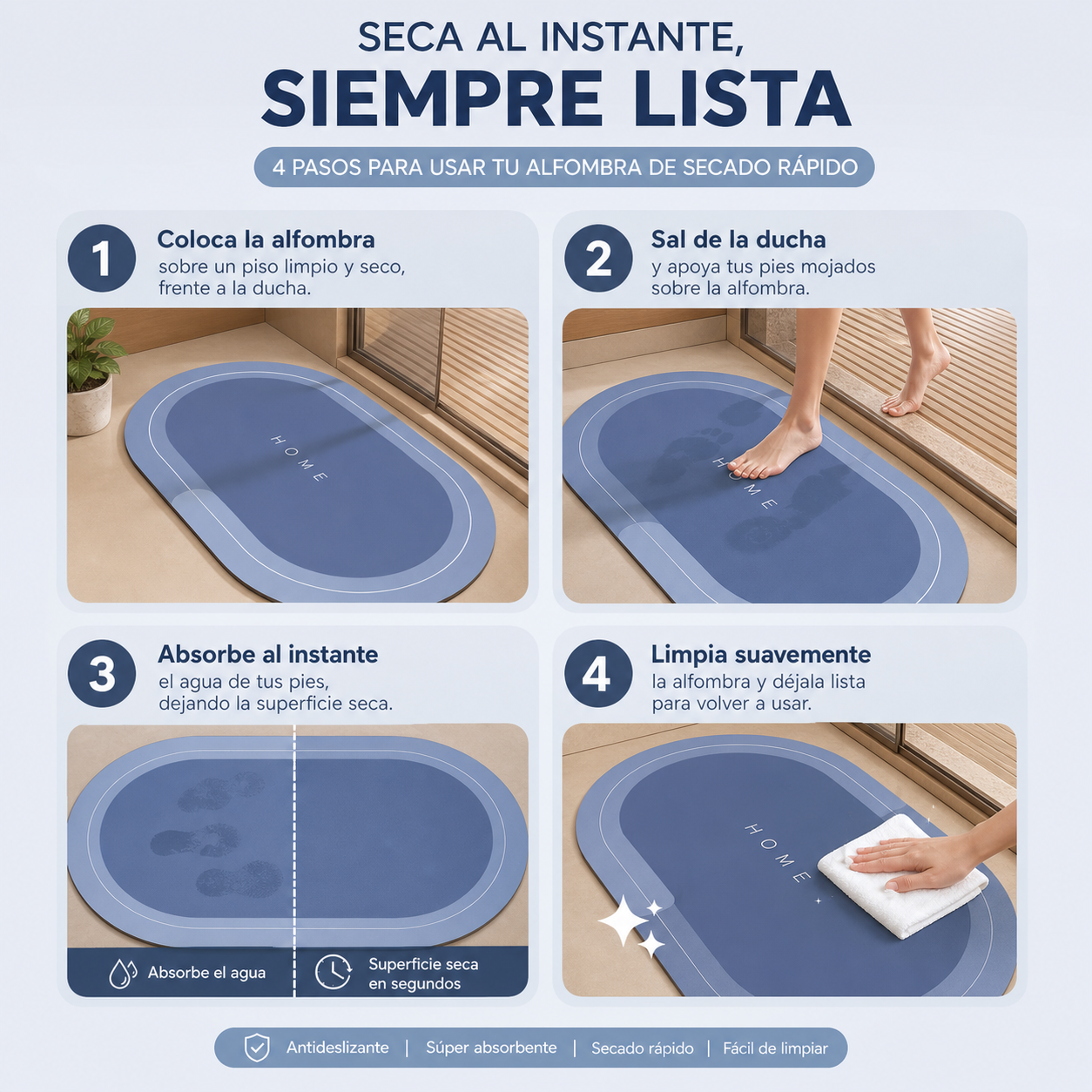 DRYSTEP HOME® ALFOMBRA ANTIDESLIZANTE DE SECADO RÁPIDO ¡PISA MÁS SEGURO AL SALIR DE LA DUCHA!