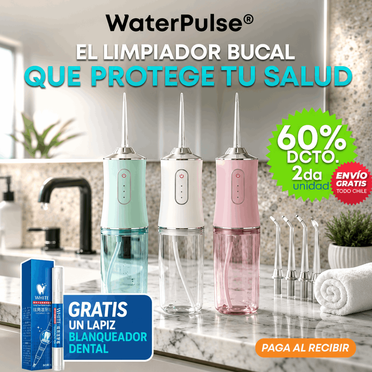 WATERPULSE® IRRIGADOR BUCAL PORTÁTIL + ¡BLANQUEADOR DENTAL GRATIS! ¡Limpieza dental REAL!