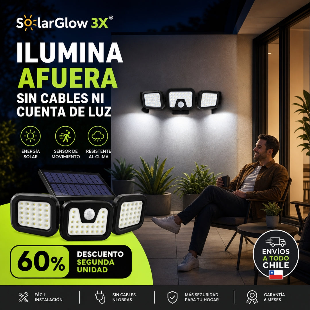 SOLARGLOW 3X® TRIPLE FOCO LED SOLAR PARA EXTERIORES ¡Ilumina sin cables ni cuenta de luz!
