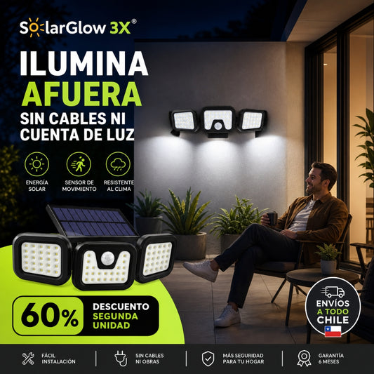 SOLARGLOW 3X® TRIPLE FOCO LED SOLAR PARA EXTERIORES ¡Ilumina sin cables ni cuenta de luz!