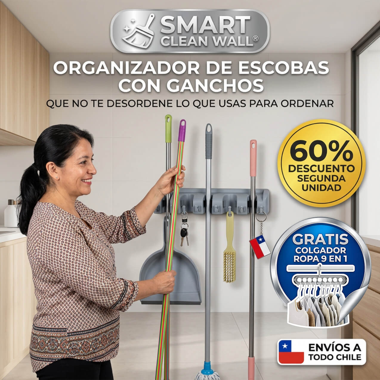 SMART CLEAN WALL® ORGANIZADOR DE ESCOBAS CON GANCHOS ¡Que no te desordene lo que usas para ordenar!